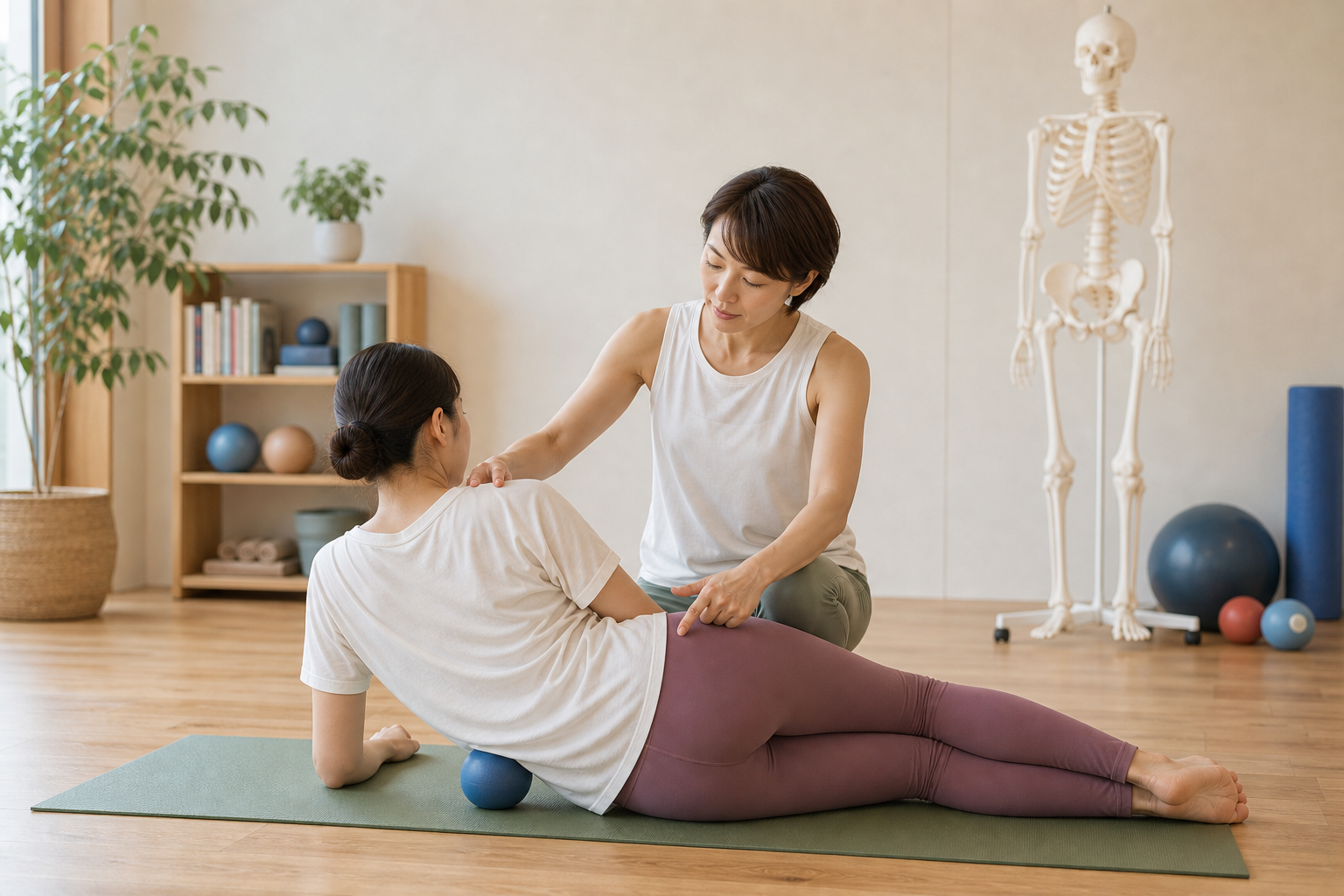 スタジオで小さなボールを使って体の感覚を学ぶ様子